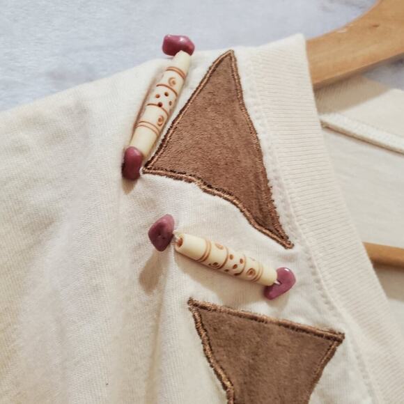 Cambridge Dry Goods Vintage Blouse Womens XL 90s Tan Beaded V-Neck Boho Retro - Picture 4 of 8